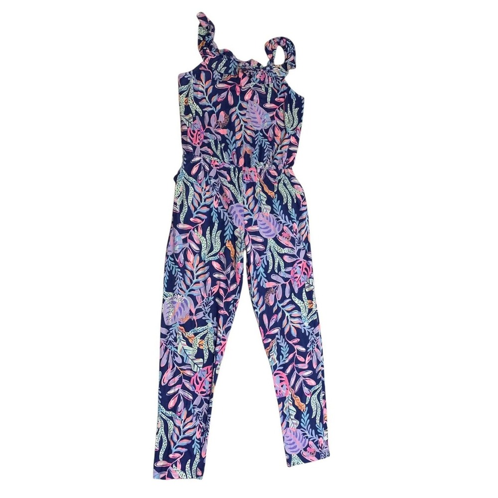 Lilly Pulitzer Jumpsuit Girls L 8-10 Blue Tropical Ruffle Jaguar Jungle Bright